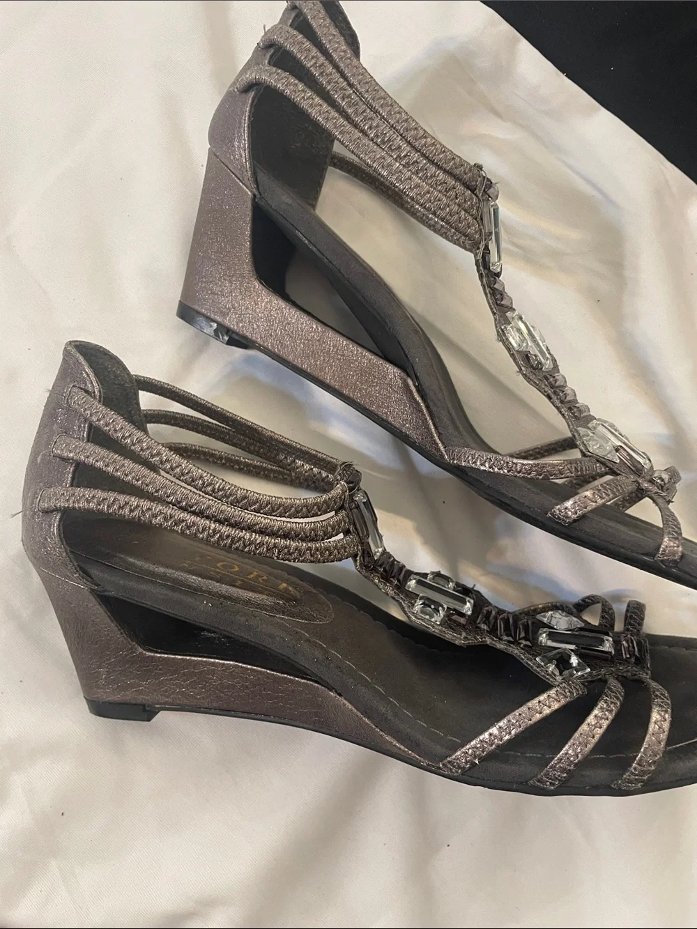 New York Transit Silver Metallic T-Strap Wedge Sandals with Rhinestone Accents